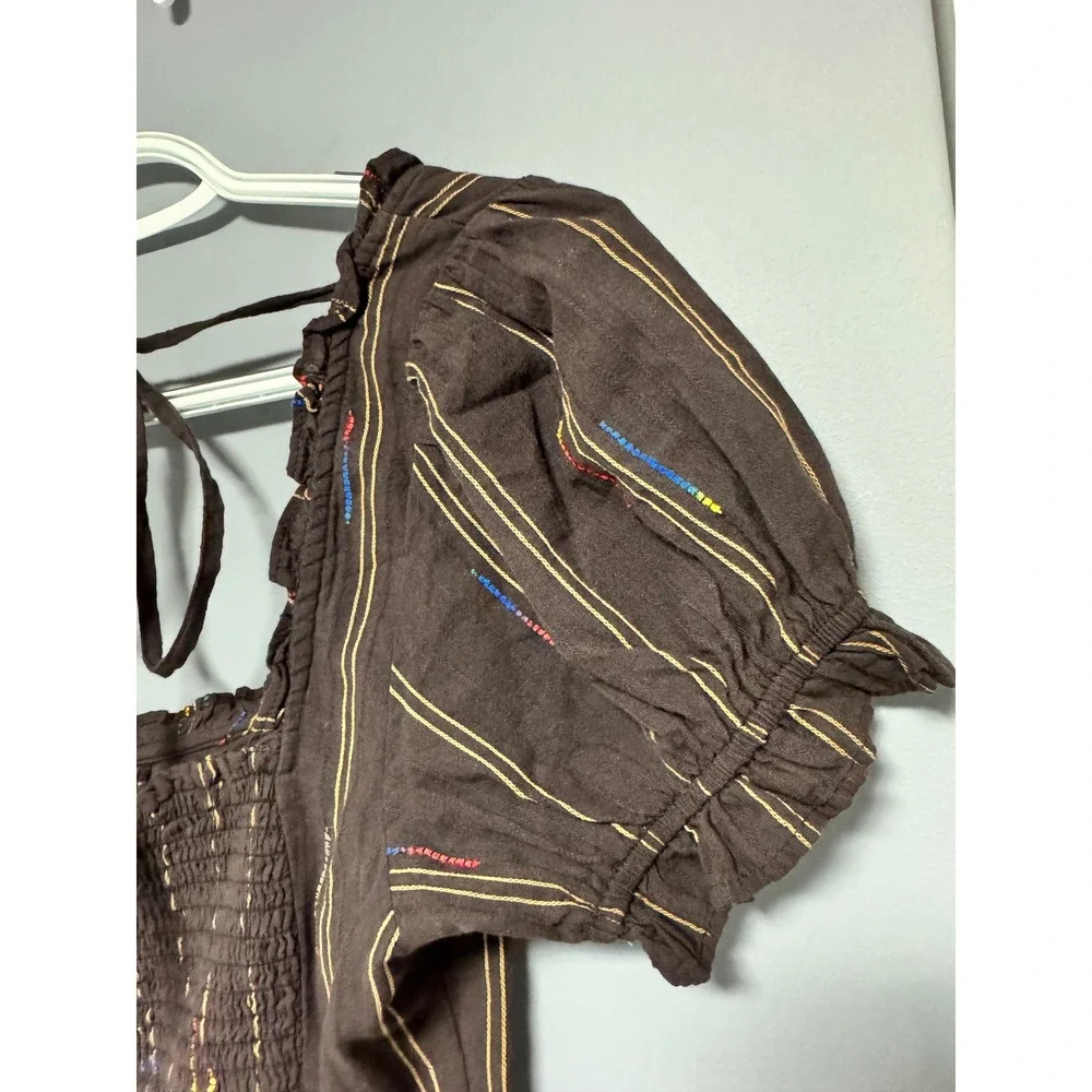 Free People Women's Seratonin XS Brown Striped Smocked Back Puff Sleeve Top‎ NWT